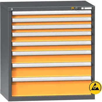 ESD zásuvková dílenská skříňka, 8 x zásuvka, v x š x h: 990 x 1037 x 630 mm, barva antracit RAL7016/oranžová RAL1028