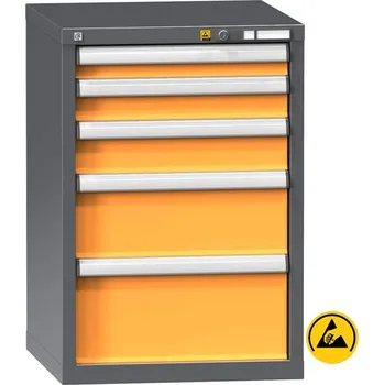 ESD zásuvková dílenská skříňka, 5 x zásuvka, v x š x h: 840 x 578 x 630 mm, barva antracit RAL7016/oranžová RAL1028
