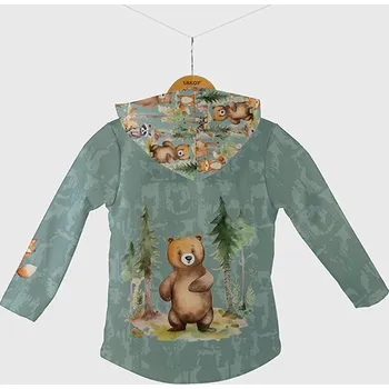 Panel se střihem 110 softshell bunda lesní dobrodružství zvířátek tmavá máta