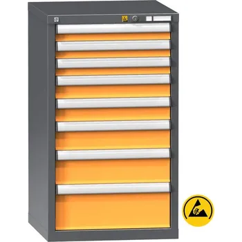 ESD zásuvková dílenská skříňka, 8 x zásuvka, v x š x h: 990 x 578 x 630 mm, barva antracit RAL7016/oranžová RAL1028