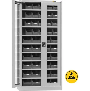 ESD zásobníková skříň, v x š x h: 1950x950x400 mm, dveře prosklené, 9 polic, 44 zásobníků, šedá RAL7035