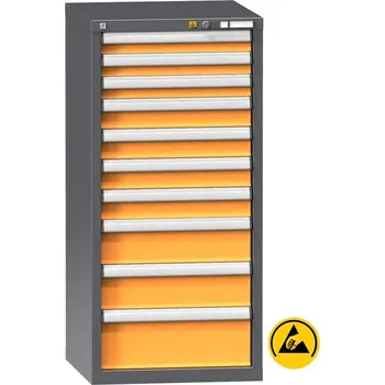 ESD zásuvková dílenská skříňka, 10 x zásuvka, v x š x h: 1215 x 731 x 630 mm, barva antracit RAL7016/oranžová RAL1028