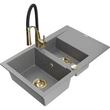 Granitový dřez Mexen Gaspar granitový dřez 1,5komorový s odkapávačem a kuchyňskou baterií Aster, šedý - 6507-71-73450-57-G Granitové dřezy s baterií