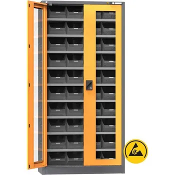 ESD zásobníková skříň, v x š x h: 1950x950x400 mm, dveře prosklené, 9 polic, 40 zásobníků, antracit RAL7016/oranžová RAL1028