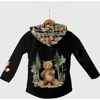 Panel se střihem 122 softshell bunda lesní dobrodružství zvířátek černá