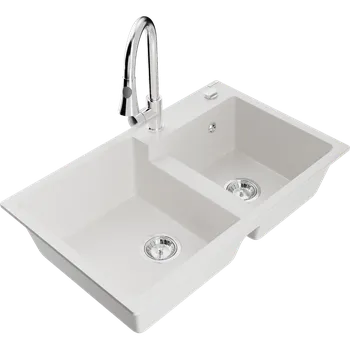 Granitový dřez Mexen Tomas žulový dřez 2-komorový s kuchyňskou baterií Elia, bílý - 6516-20-670101-00 Granitové dřezy s baterií