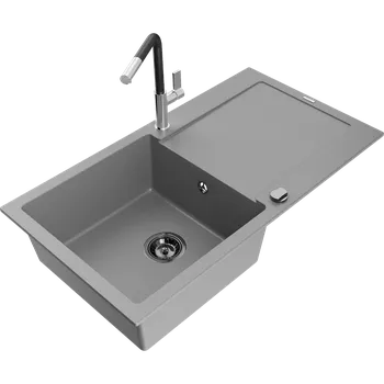Granitový dřez Mexen Leo granitový dřez 1-komorový s odkapávačem a kuchyňskou baterií Flora, šedý - 6501-71-670401-07-B Granitové dřezy s baterií