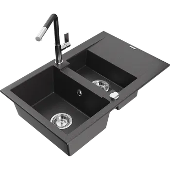 Granitový dřez Mexen Gaspar dřez granitový 1,5-komorový s odkapávačem a kuchyňskou baterií Flora, černý skvrnitý - 6507-76-670401-07 Granitové dřezy s baterií