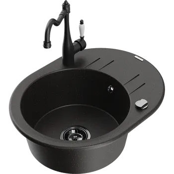 Granitový dřez Mexen Kevin granitový dřez 1-komorový s odkapávačem a kuchyňskou baterií Carla, černý/zlatý metalik - 6517-75-670700-70-B Granitové dřezy s baterií