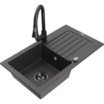 Granitový dřez Mexen Pablo granitový dřez 1-komorový s odkapávačem a kuchyňskou baterií Elia, černý kropenatý - 6510-76-670101-70-B Granitové dřezy s baterií