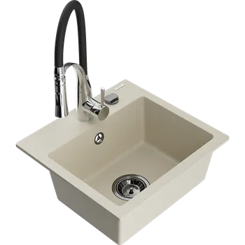 Granitový dřez Mexen Milo granitový dřez 1-komorový s kuchyňskou baterií Aster, béžový - 6505-69-73450-07-B Granitové dřezy s baterií