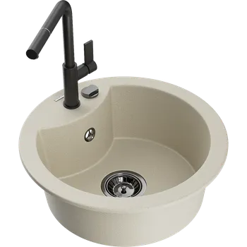 Granitový dřez Mexen Diego granitový dřez s 1 komorou a kuchyňskou baterií Flora, béžový - 6512-69-670401-70-B Granitové dřezy s baterií