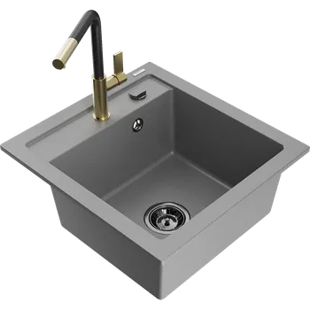 Granitový dřez Mexen Vito granitový dřez 1-komorový s kuchyňskou baterií Flora, šedý - 6503-71-670401-57-B Granitové dřezy s baterií
