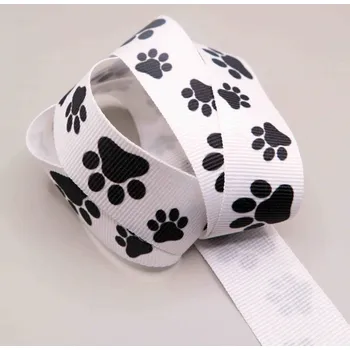 Stuha Rypsová stuha s tlapkami - bílá, černá - šířka 3 cm