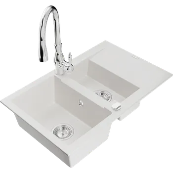 Granitový dřez Mexen Gaspar granitový dřez 1,5-komorový s odkapávačem a kuchyňskou baterií Savita, bílý - 6507-20-672601-00 Granitové dřezy s baterií