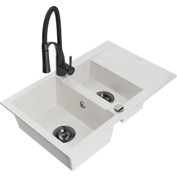 Granitový dřez Mexen Gaspar granitový dřez 1,5-komorový s odkapávačem a kuchyňskou baterií Aster, bílý - 6507-20-73450-70-B Granitové dřezy s baterií