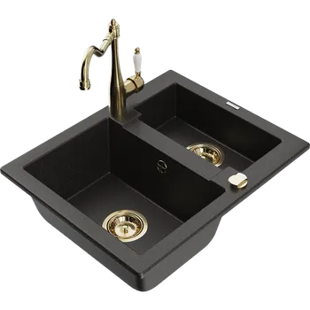 Granitový dřez Mexen Carlos granitový dřez 1,5-komorový s kuchyňskou baterií Carla, černý/zlatý metalik - 6518-75-670700-50 Granitové dřezy s baterií