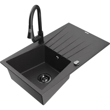 Granitový dřez Mexen Cesar granitový dřez s 1 komorou, odkapávačem a kuchyňskou baterií Elia, černý s žíháním - 6514-76-670101-70-B Granitové dřezy s baterií