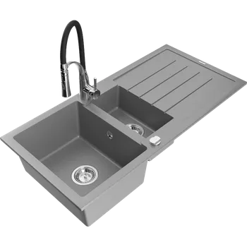Granitový dřez Mexen Andres granitový dřez 1,5-komorový s odkapávačem a kuchyňskou baterií Aster, šedý - 6515-71-73450-07 Granitové dřezy s baterií