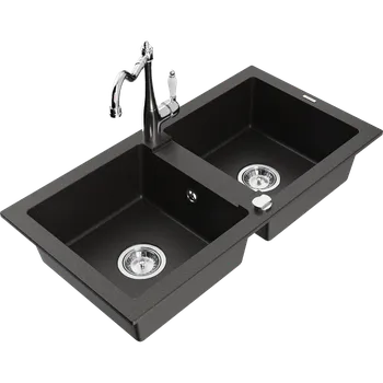Granitový dřez Mexen Mario dřez granitový 2-komorový s kuchyňskou baterií Carla, černý/zlatý metalik - 6504-75-670700-00 Granitové dřezy s baterií