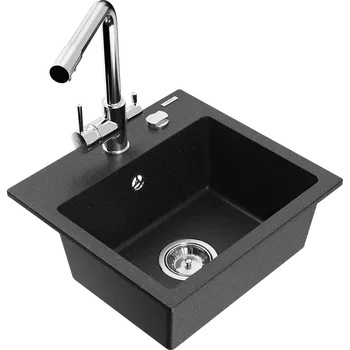 Granitový dřez Mexen Milo granitový jednodřez s kuchyňskou baterií Duero, černý/stříbrný metalik - 6505-73-671600-00 Granitové dřezy s baterií