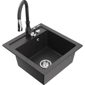 Granitový dřez Mexen Vito granitový dřez s jednou komorou a kuchyňskou baterií Savita, černý strakatý - 6503-76-672601-76 Granitové dřezy s baterií