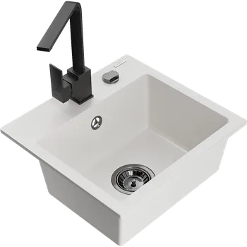 Granitový dřez Mexen Milo granitový dřez 1-komorový s kuchyňskou baterií Rita, bílý - 6505-20-670300-70 Granitové dřezy s baterií