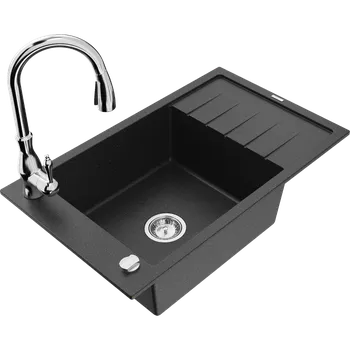 Granitový dřez Mexen Elias granitový dřez s 1 komorou a odkapávačem a kuchyňskou baterií Savita, černá/stříbrná metalíza- 6511-73-672601-00 Granitové dřezy s baterií