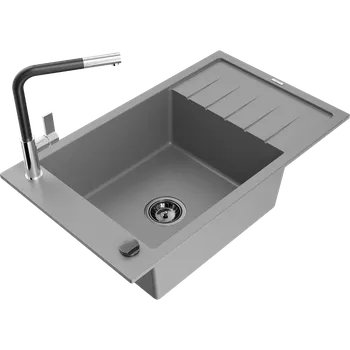 Granitový dřez Mexen Elias granitový dřez 1-komorový s odkapávačem a kuchyňskou baterií Flora, šedý - 6511-71-670401-07-B Granitové dřezy s baterií