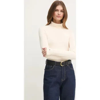 Dámské tričko Tričko s dlouhým rukávem Tommy Hilfiger dámské, béžová barva, s golfem, WW0WW39826 01A, vel. L