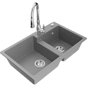 Granitový dřez Mexen Tomas dvoukomorový granitový dřez s kuchyňskou baterií Savita, šedý - 6516-71-672601-00 Granitové dřezy s baterií