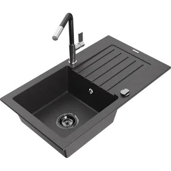 Granitový dřez Mexen Pablo granitový dřez s 1 komorou, odkapávačem a kuchyňskou baterií Flora, černý skvrnitý - 6510-76-670401-07-B Granitové dřezy s baterií
