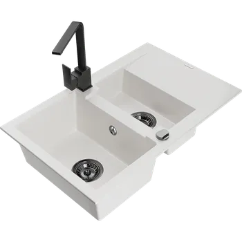 Granitový dřez Mexen Gaspar žulový dřez 1,5-komorový s odkapem a kuchyňskou baterií Rita, bílý - 6507-20-670300-70 Granitové dřezy s baterií