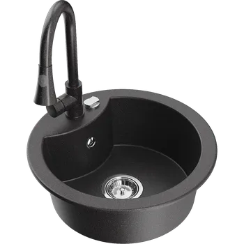 Granitový dřez Mexen Diego granitový dřez 1-komorový s kuchyňskou baterií Elia, černý skvrnitý - 6512-76-670101-76 Granitové dřezy s baterií