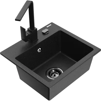 Granitový dřez Mexen Milo granitový dřez 1-komorový s kuchyňskou baterií Rita, černý/stříbrný metalik - 6505-73-670300-70-B Granitové dřezy s baterií