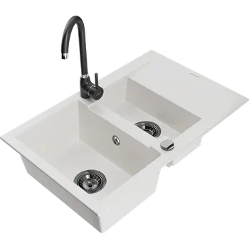 Granitový dřez Mexen Gaspar granitový dřez 1,5-komorový s odkapávačem a kuchyňskou baterií Telma, bílý - 6507-20-670200-70 Granitové dřezy s baterií