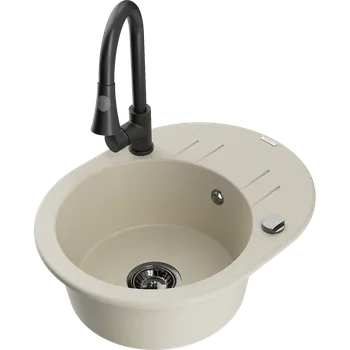 Granitový dřez Mexen Kevin granitový dřez 1-komorový s odkapávačem a kuchyňskou baterií Elia, béžový - 6517-69-670101-70 Granitové dřezy s baterií