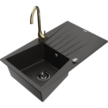 Granitový dřez Mexen Cesar granitový dřez 1-komorový s odkapávačem a kuchyňskou baterií Telma, černý/zlatý - 6514-75-670200-50-B Granitové dřezy s baterií