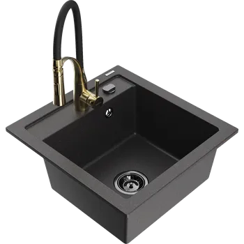 Granitový dřez Mexen Vito granitový dřez 1-komorový s kuchyňskou baterií Aster, černý s černými tečkami - 6503-76-73450-57-B Granitové dřezy s baterií