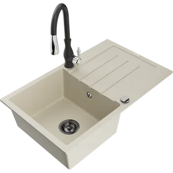 Granitový dřez Mexen Bruno granitový dřez 1-komorový s odkapávačem a kuchyňskou baterií Savita, béžový - 6513-69-672601-70 Granitové dřezy s baterií