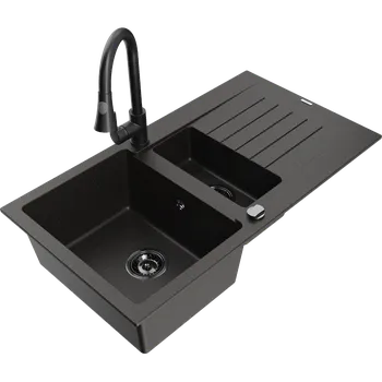 Granitový dřez Mexen Matias granitový dřez 1,5-komorový s odkapávačem a kuchyňskou baterií Elia, černý/zlatý metalický - 6502-75-670101-70-B Granitové dřezy s baterií