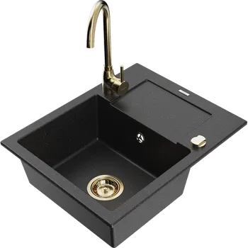 Granitový dřez Mexen Enzo granitový dřez 1-komorový s odkapávačem a kuchyňskou baterií Telma, černý/stříbrný - 6506-73-670200-50 Granitové dřezy s baterií