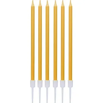 Party dekorace Dortové svíčky s držátky - zlaté metalické 13,5 cm - 6 ks