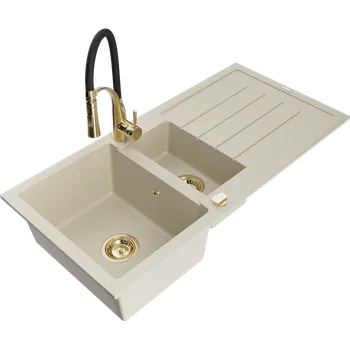 Granitový dřez Mexen Andres žulový dřez 1,5-komorový s odkapávačem a kuchyňskou baterií Aster, béžový - 6515-69-73450-57-G Granitové dřezy s baterií