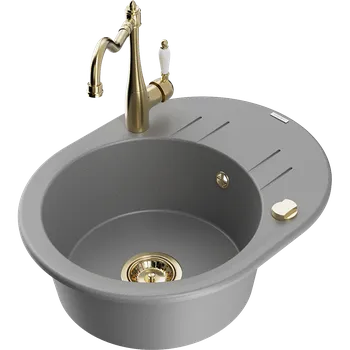 Granitový dřez Mexen Kevin granitový dřez 1-komorový s odkapávačem a kuchyňskou baterií Carla, šedý - 6517-71-670700-50 Granitové dřezy s baterií