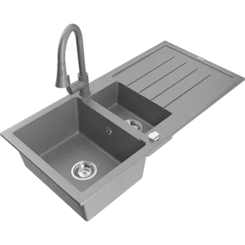 Granitový dřez Mexen Andres granitový dřez 1,5 komorový s odkapávačem a kuchyňskou baterií Elia, šedý - 6515-71-670101-71 Granitové dřezy s baterií
