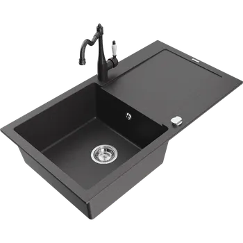 Granitový dřez Mexen Leo granitový dřez 1-komorový s odkapávačem a kuchyňskou baterií Carla, černý skvrnitý - 6501-76-670700-76 Granitové dřezy s baterií
