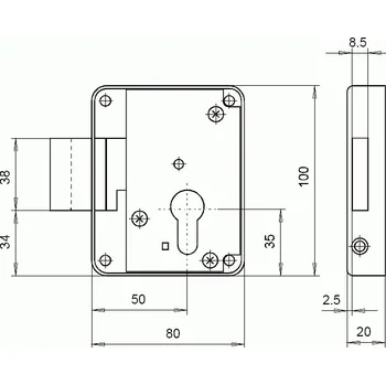 zadlabací zámek Zámek TITAN 820 "L" hl.80/50 přídavný zámek se závorou (vrchní)