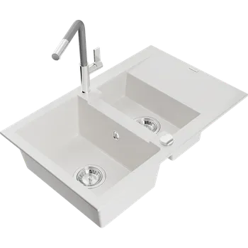 Granitový dřez Mexen Gaspar granitový dřez 1,5-komorový s odkapávačem a kuchyňská baterie Flora, bílý - 6507-20-670401-06 Granitové dřezy s baterií