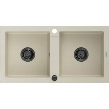Granitový dřez Mexen Mario žulový dřez 2-komorový 820 x 436 mm, béžový, černý sifon - 6504822000-69-B Granitové dřezy